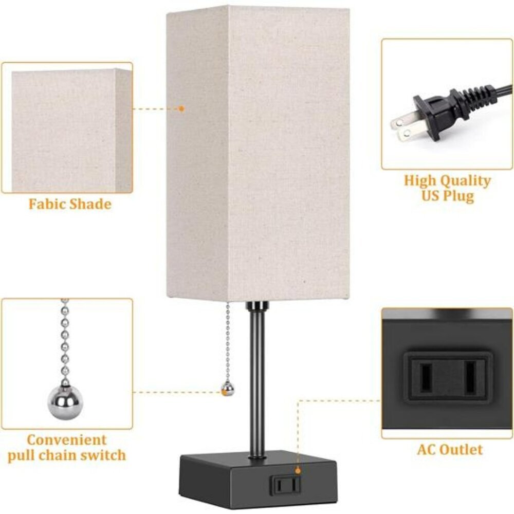 Set of 2 Small Bedroom Table Lamps with AC Outlet Pull Chain and LED Bulbs - Picture 3 of 7